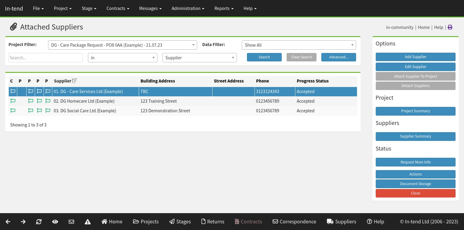 A screen shot of the Adult Social Care system which displays a suggested supplier list based on a provided postcode