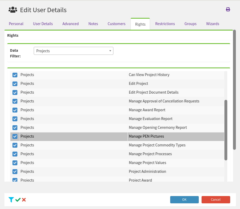 A screen shot of the Adult Social Care system which displays a project wizard allowing the user to control rights and permission controls